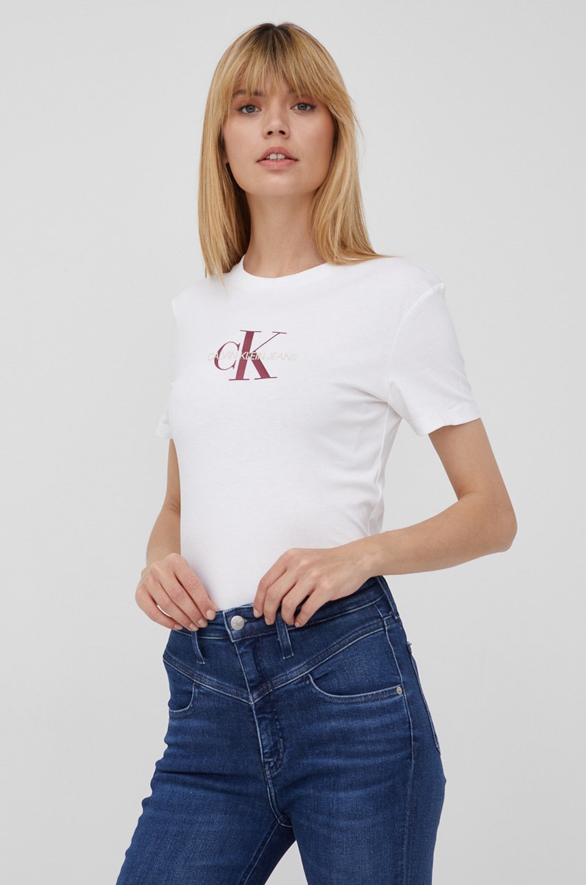 

Памучна тениска Calvin Klein Jeans в бяло, Бял