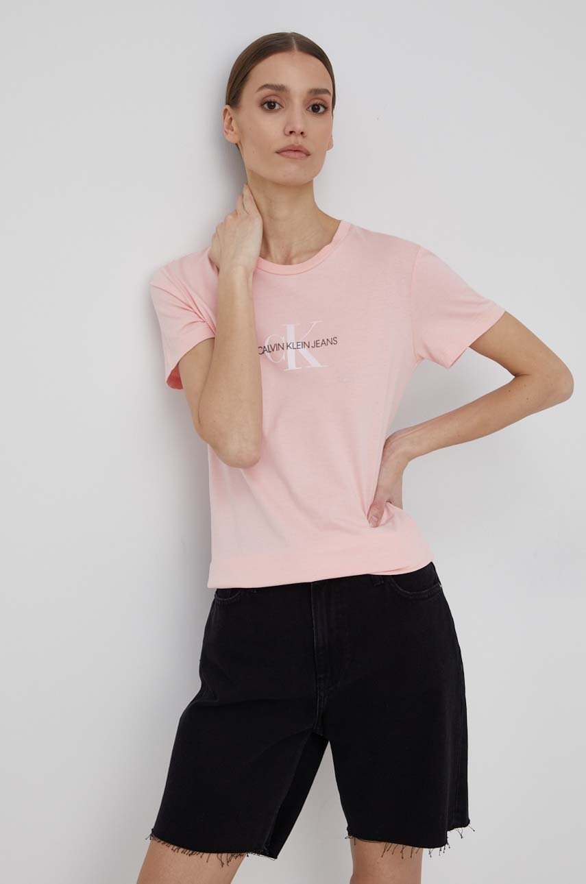 

Памучна тениска Calvin Klein Jeans в розово, Розов