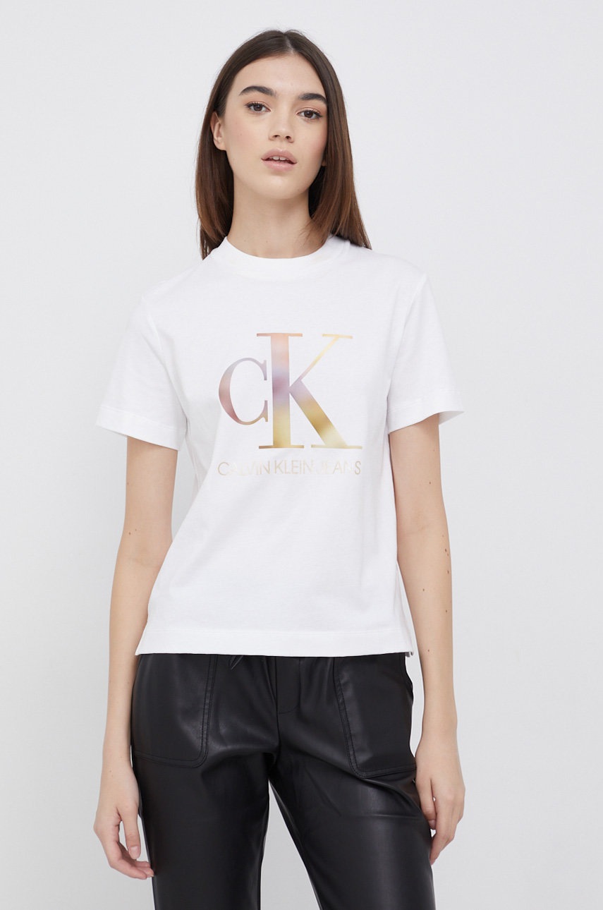 

Памучна тениска Calvin Klein Jeans в бяло, Бял