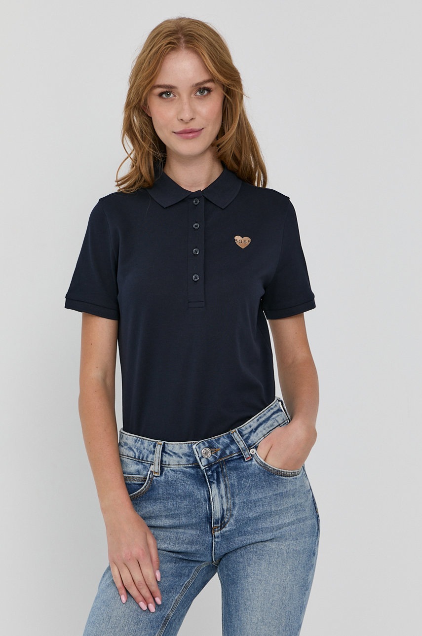 Boss tricou din bumbac culoarea albastru marin, cu guler