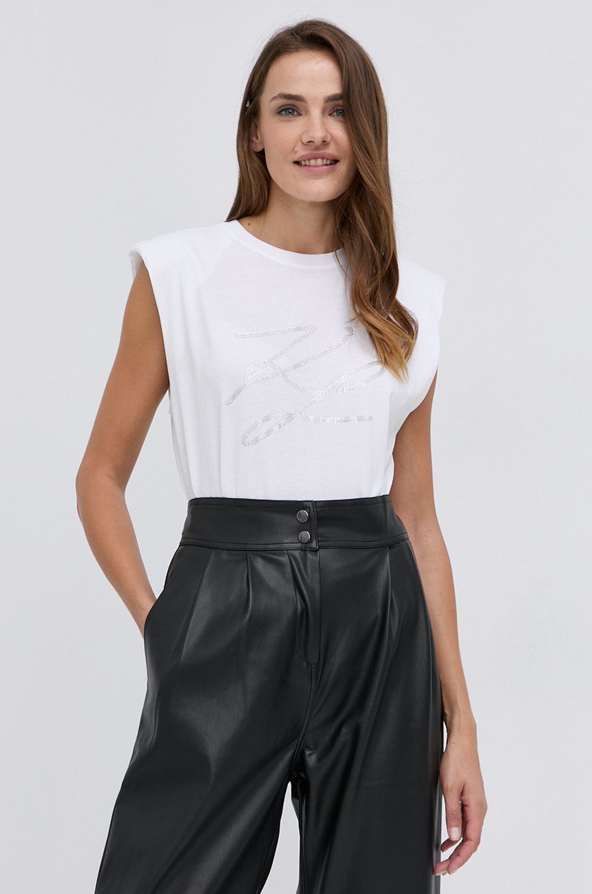 Karl Lagerfeld Top din bumbac culoarea alb