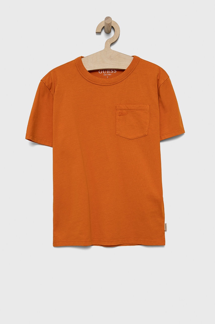 

Детска памучна тениска Guess в оранжево, Оранжев
