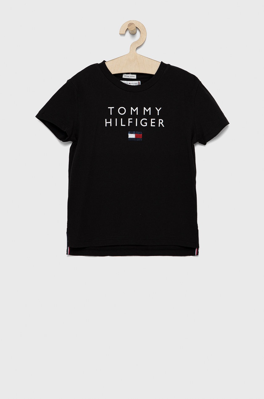 

Детска памучна тениска Tommy Hilfiger в черно, Черен