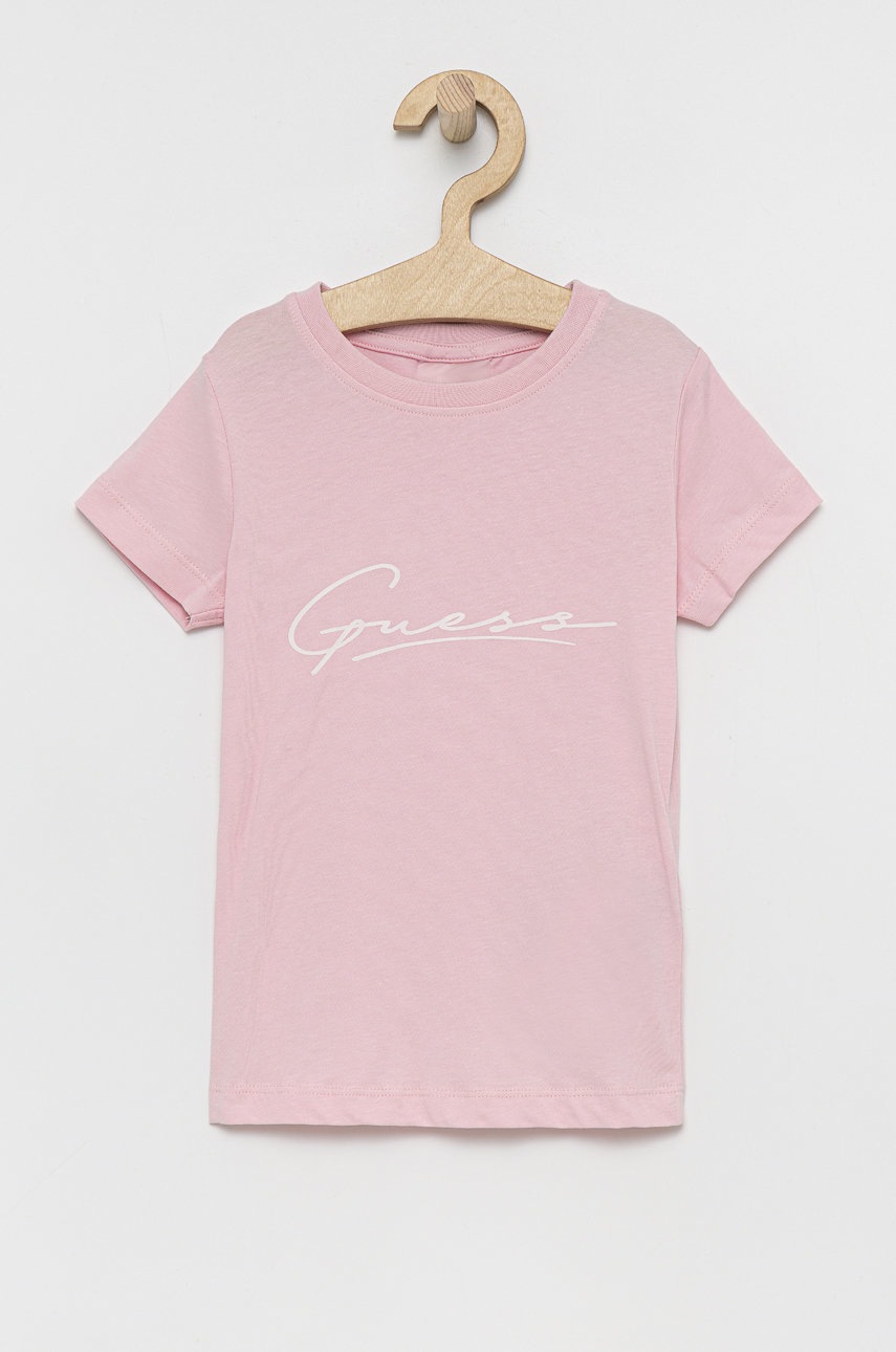 

Детска памучна тениска Guess в розово, Розов