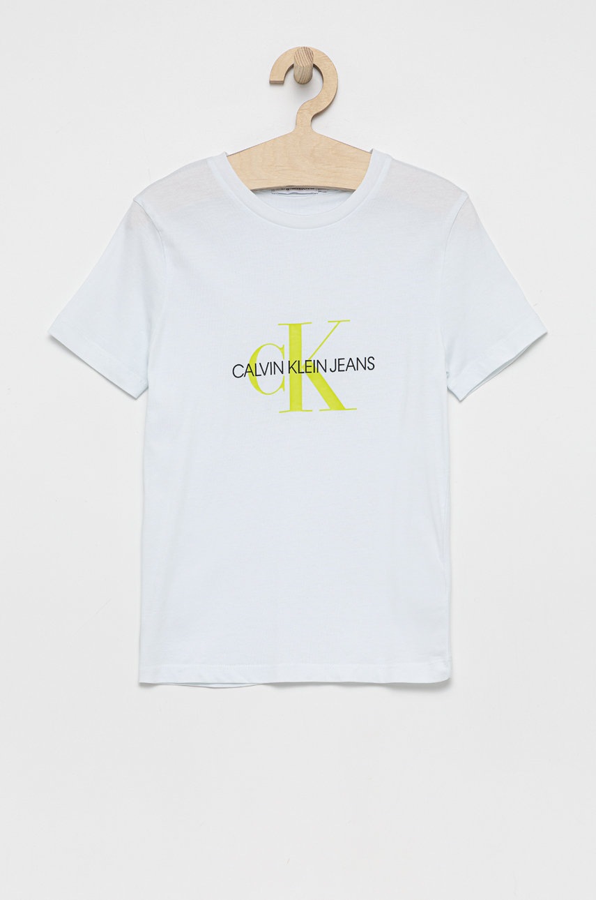 

Детска памучна тениска Calvin Klein Jeans в бяло с принт, Бял