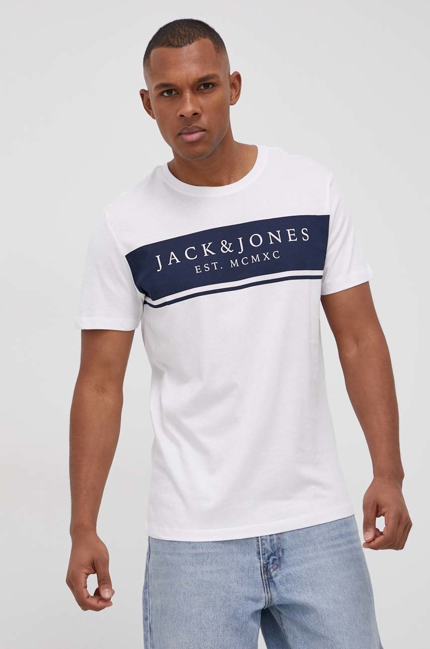 

Памучна тениска Jack & Jones в бяло с принт, Бял