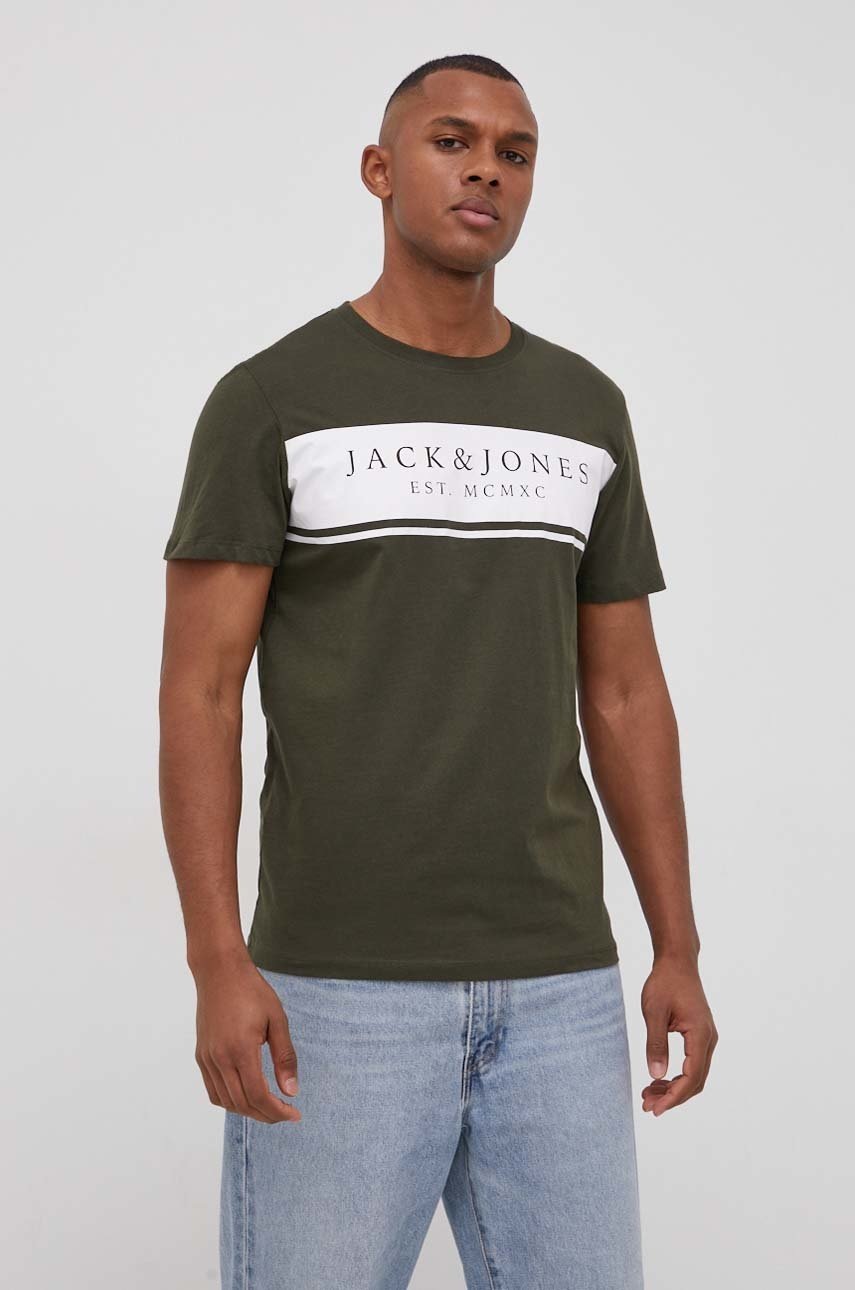 

Памучна тениска Jack & Jones в зелено с принт, Зелен