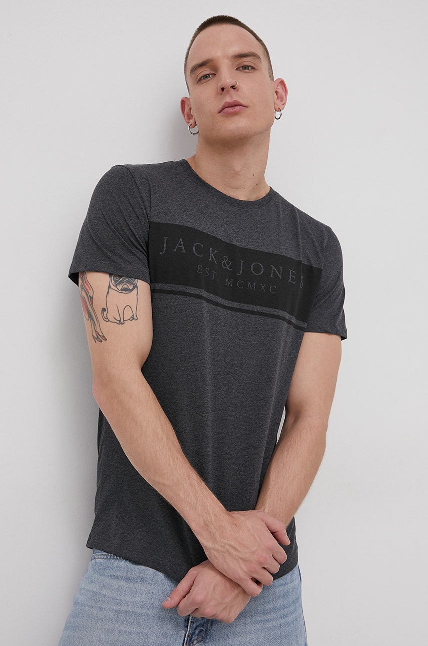 

Памучна тениска Jack & Jones в сиво с принт, Сив
