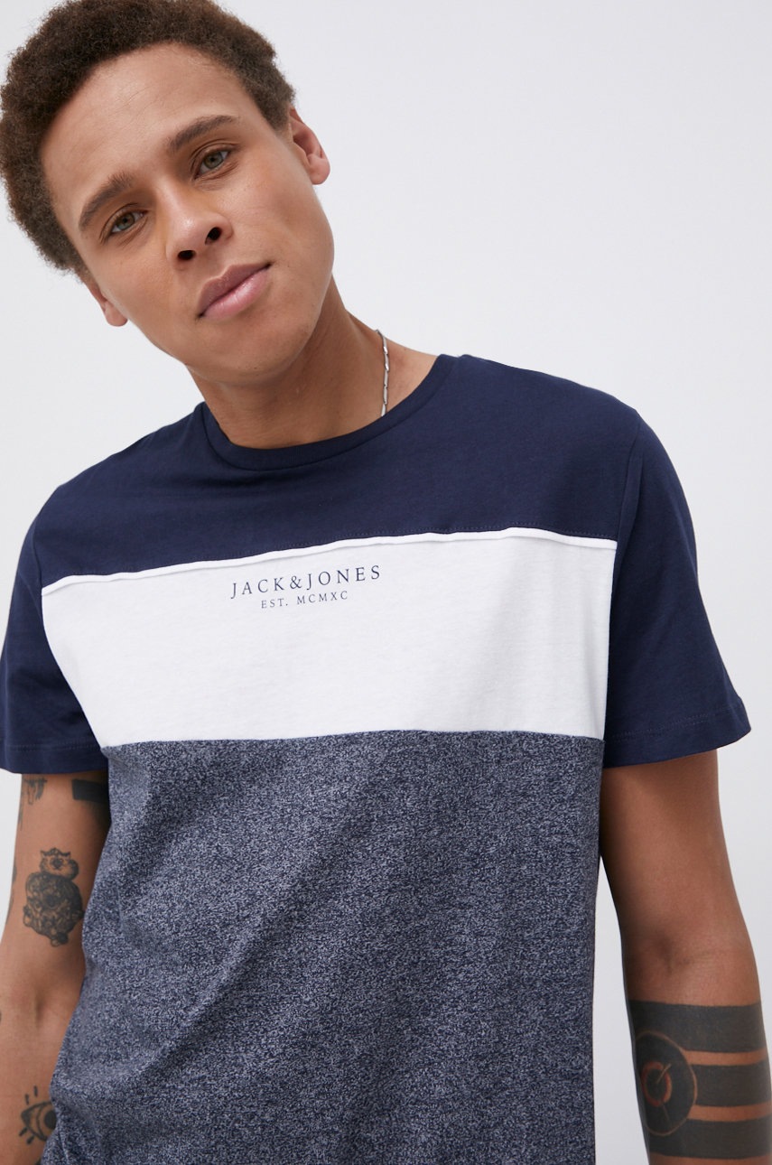 

Памучна тениска Jack & Jones в тъмносиньо с принт, Тъмносин