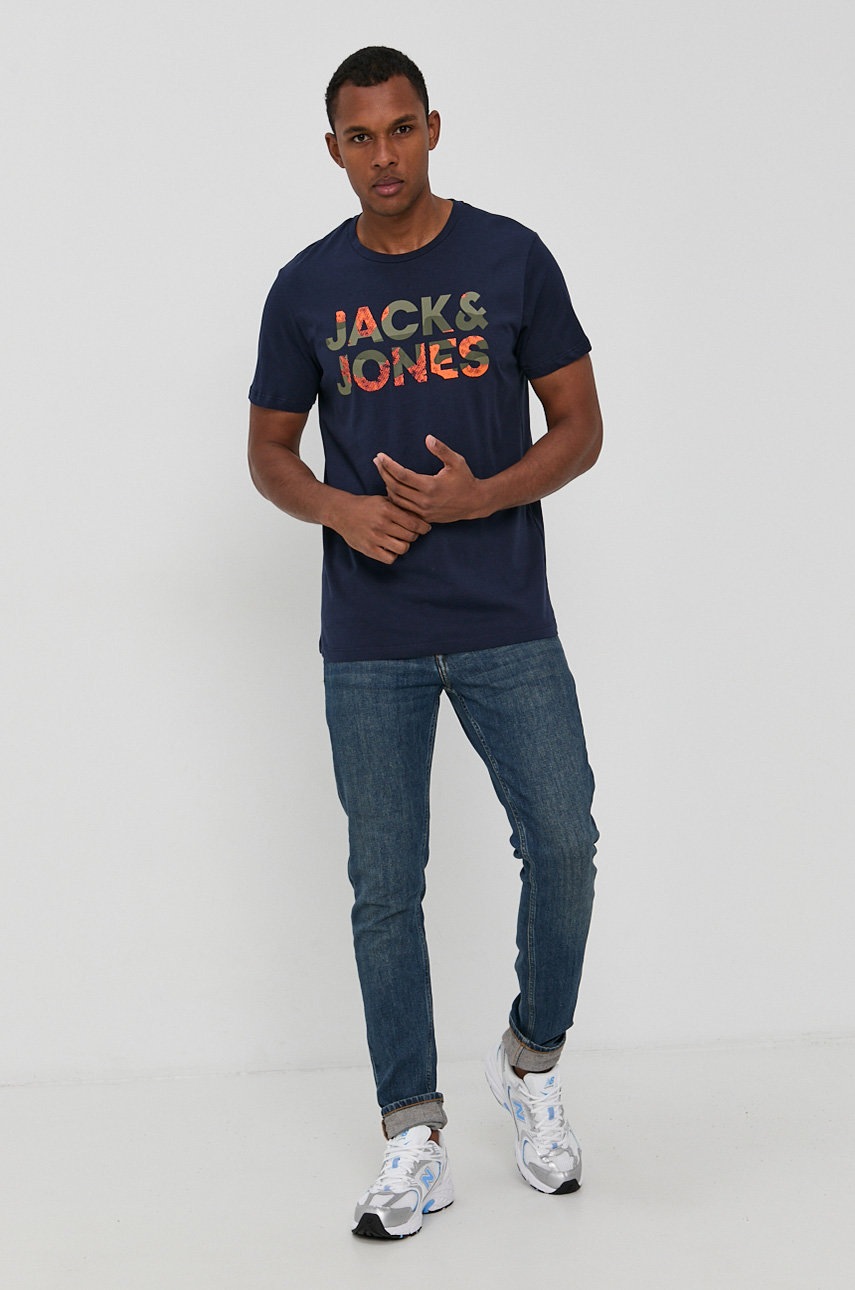 

Хлопковая футболка Jack & Jones цвет синий с принтом