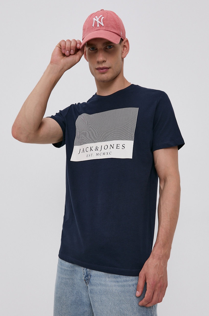 

Хлопковая футболка Jack & Jones цвет синий с принтом