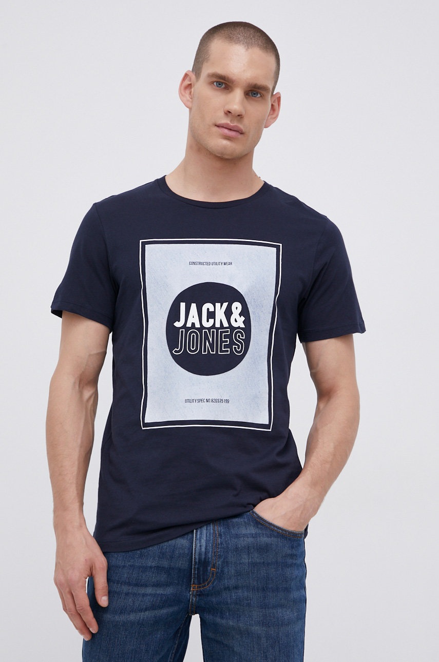 

Памучна тениска Jack & Jones в тъмносиньо с принт, Тъмносин