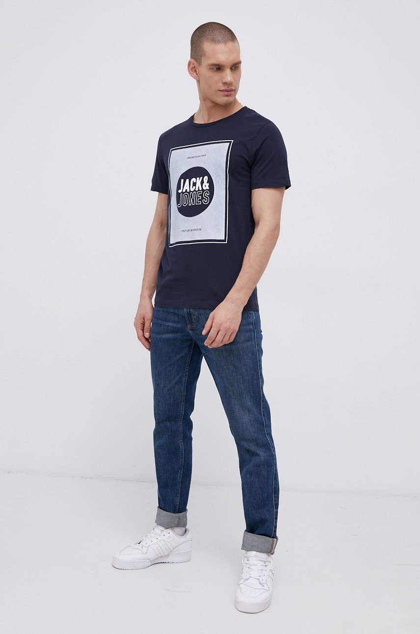 

Бавовняна футболка Jack & Jones колір синій з принтом