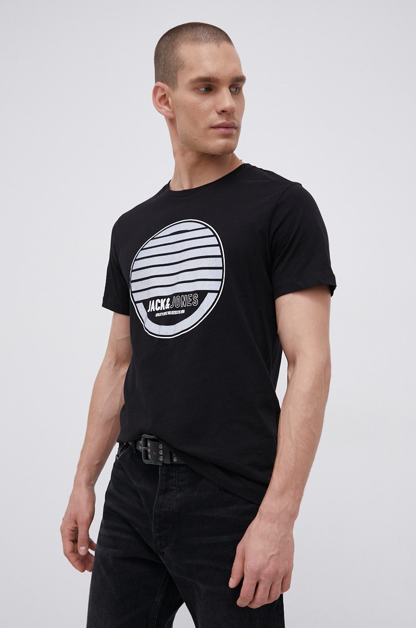 

Памучна тениска Jack & Jones в черно с принт, Черен