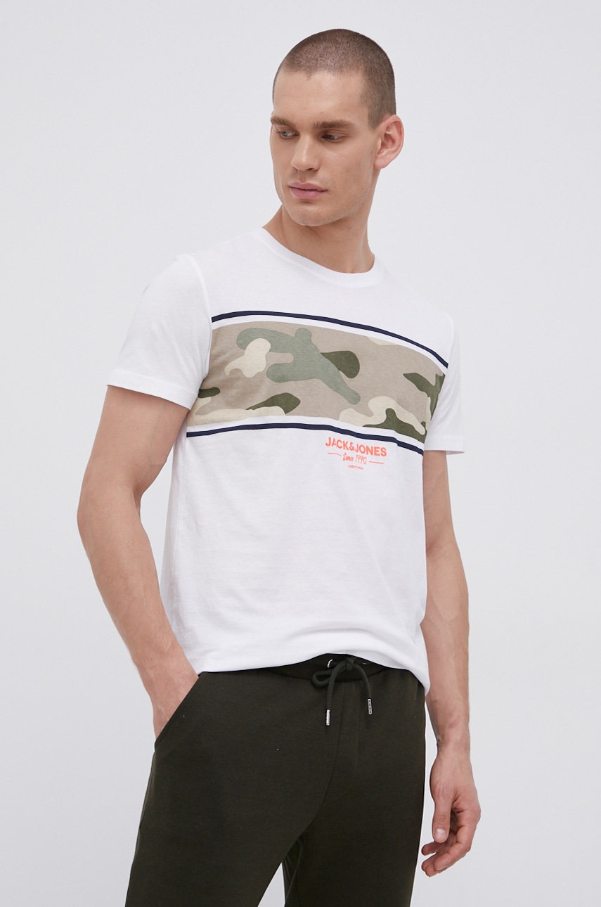

Памучна тениска Jack & Jones в бяло с принт, Бял