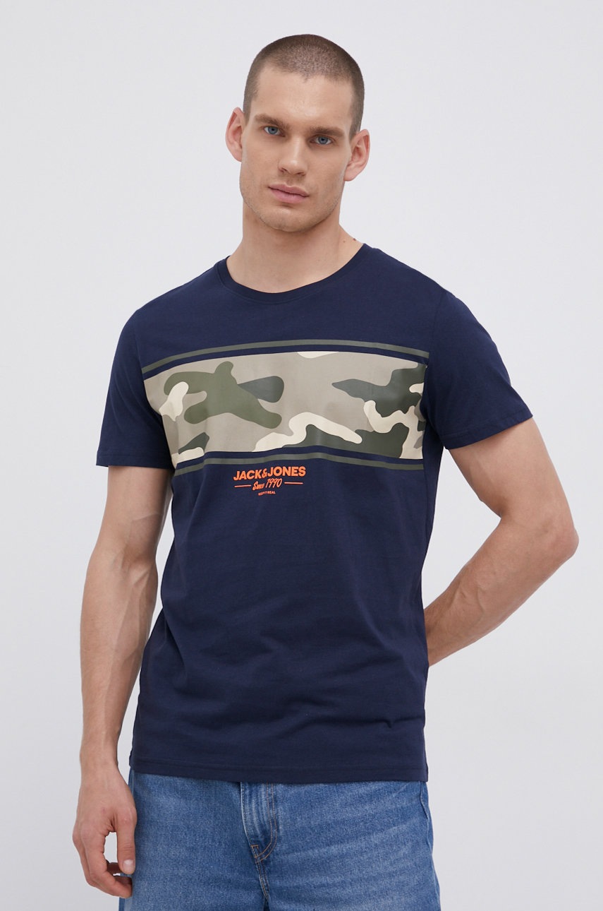 

Памучна тениска Jack & Jones в тъмносиньо с принт, Тъмносин
