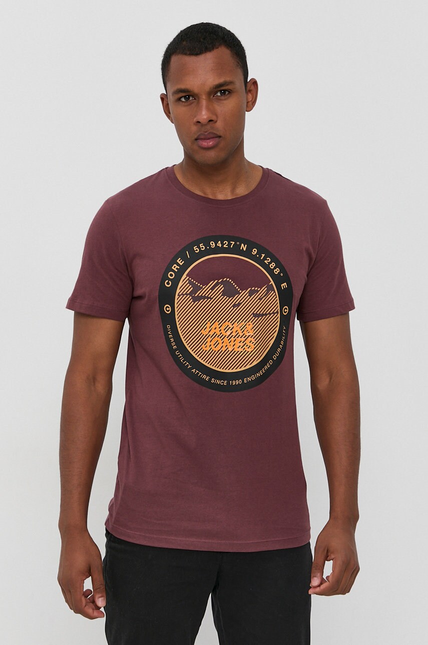 Jack & jones tricou din bumbac culoarea bordo, cu imprimeu