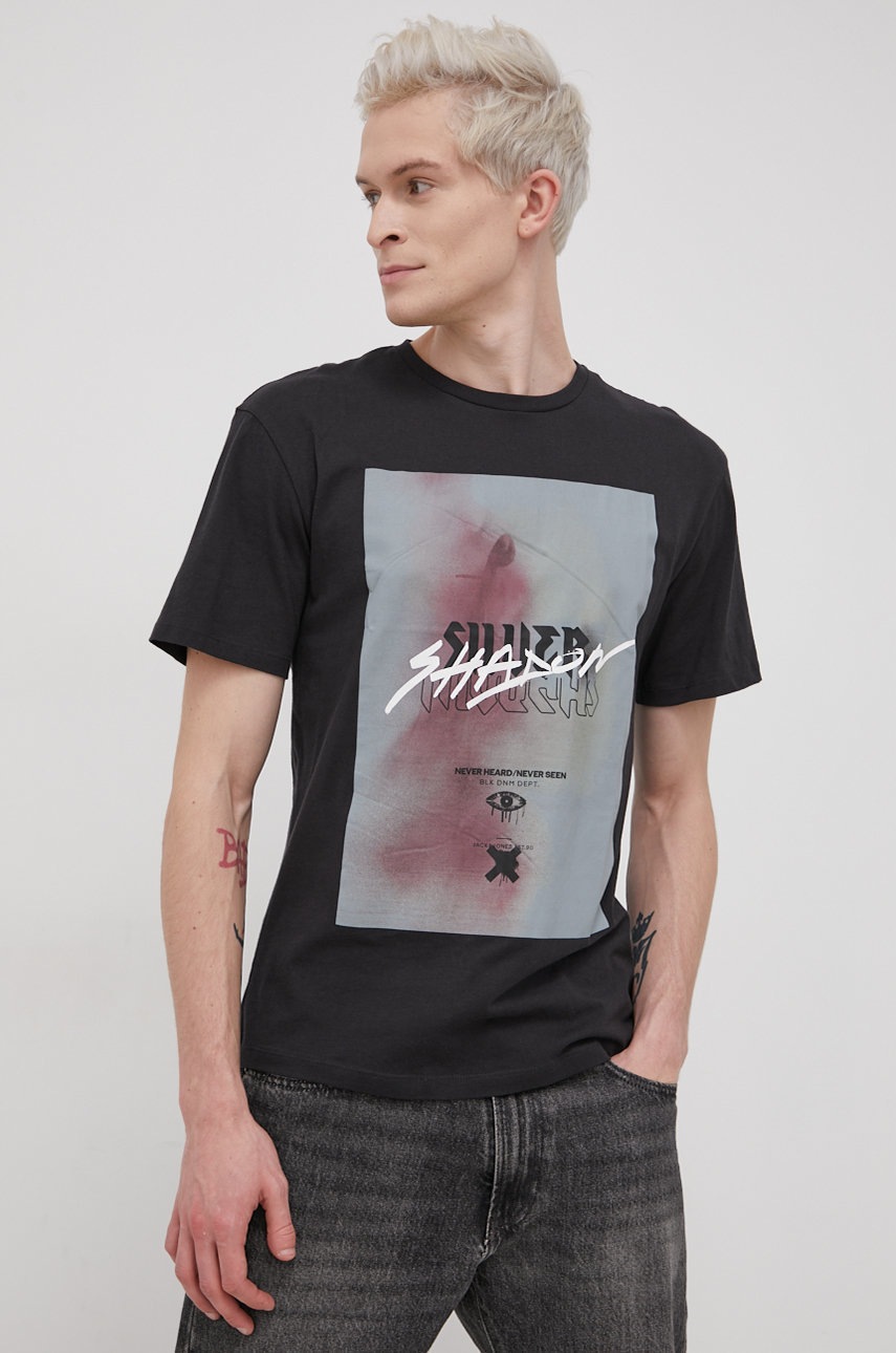 

Памучна тениска Jack & Jones в черно с принт, Черен