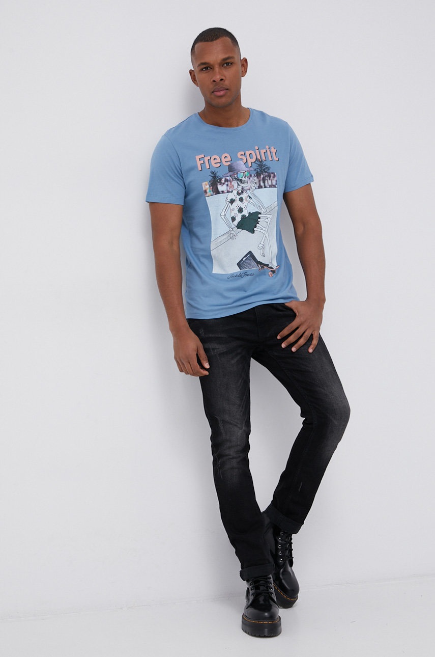 

Памучна тениска Jack & Jones с изчистен дизайн, Син