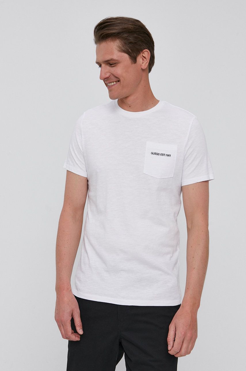 Guess T-shirt męski kolor biały gładki