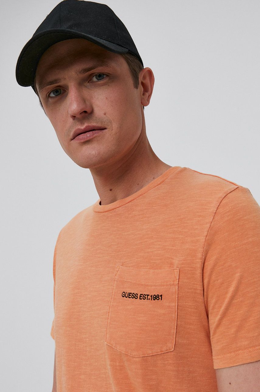Guess T-shirt męski kolor pomarańczowy gładki