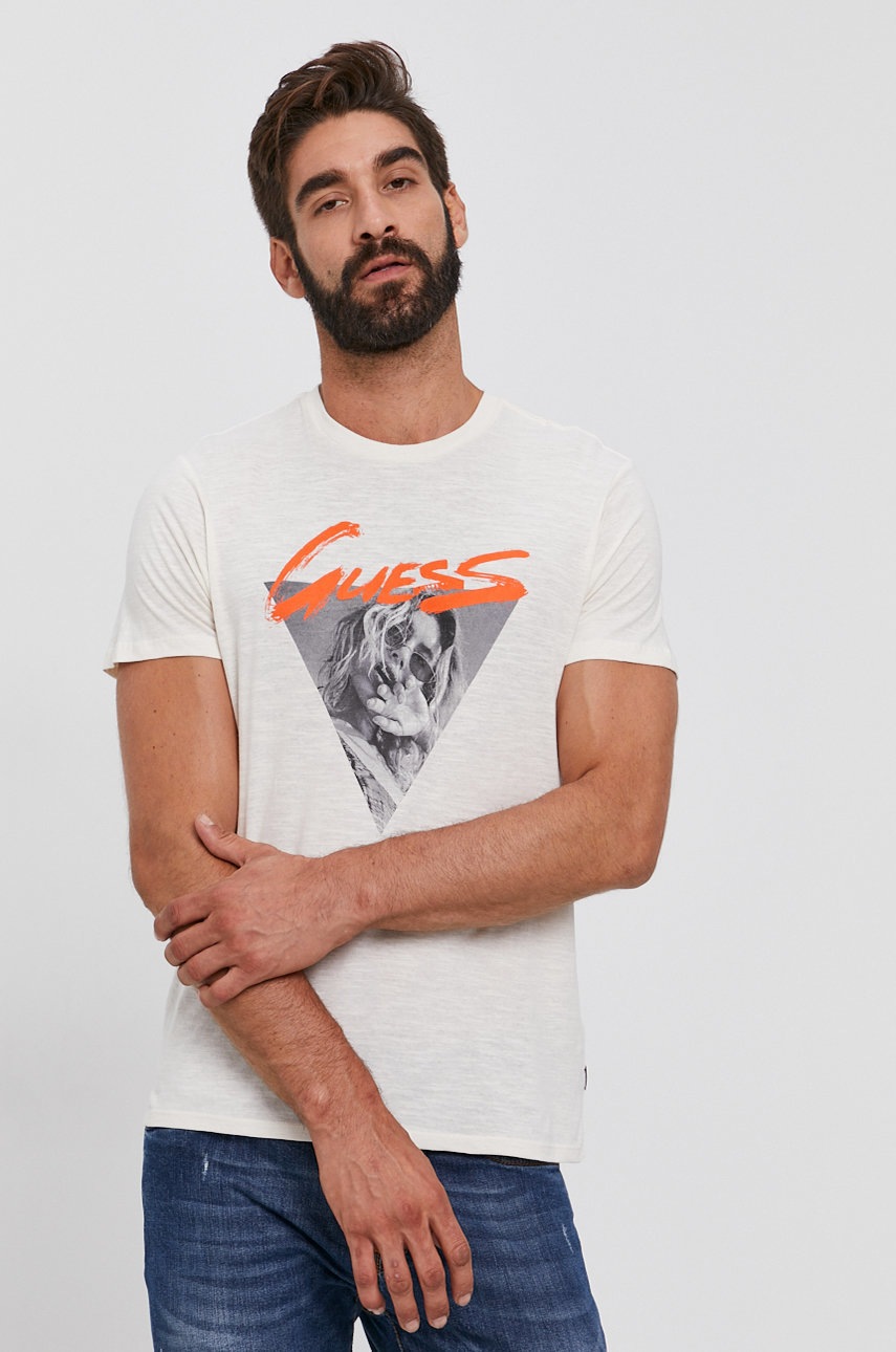 

Памучна тениска Guess в кремаво с принт, Бежов