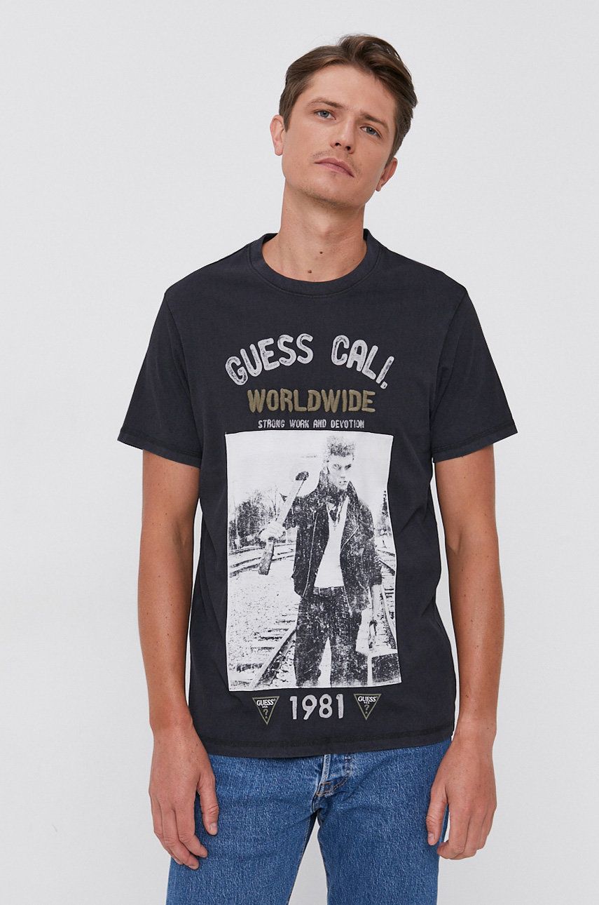 Guess T-shirt bawełniany kolor czarny z nadrukiem