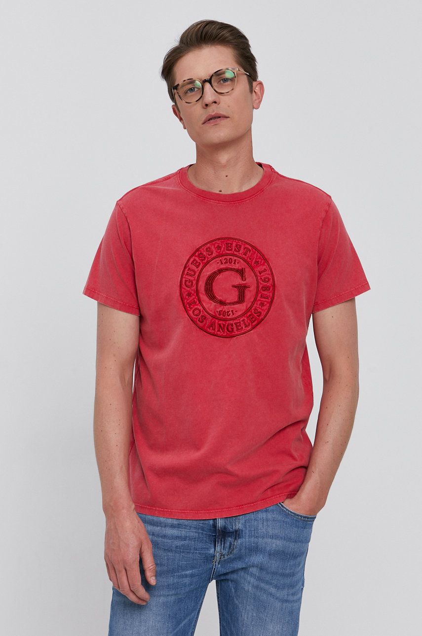Guess T-shirt męski kolor czerwony z aplikacją