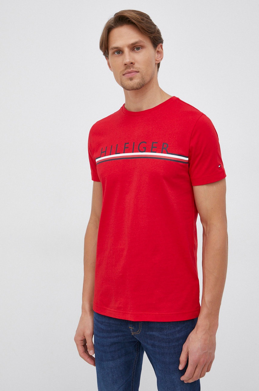 

Памучна тениска Tommy Hilfiger в червено с принт, Червен