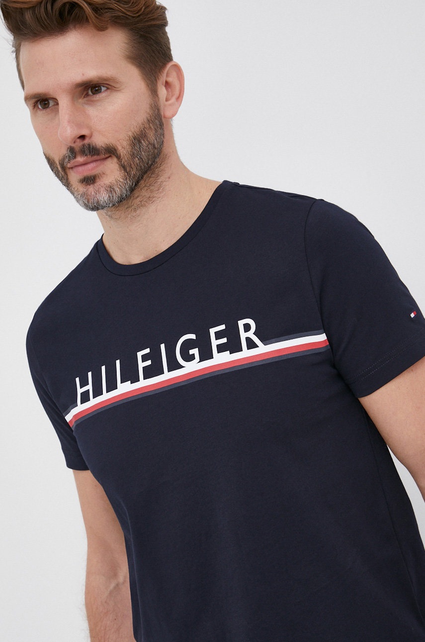 

Памучна тениска Tommy Hilfiger в тъмносиньо с принт, Тъмносин