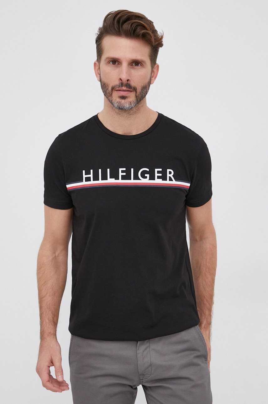 

Памучна тениска Tommy Hilfiger в черно с принт, Черен