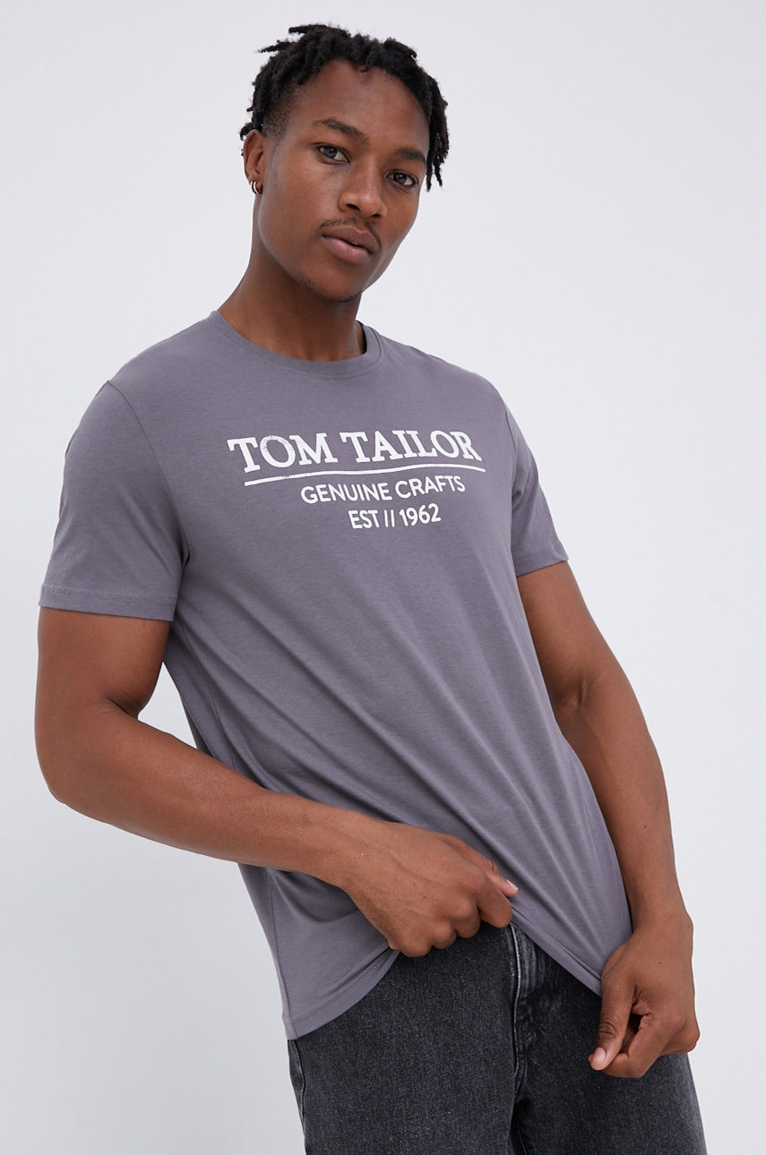 

Памучна тениска Tom Tailor в сиво с изчистен дизайн, Сив