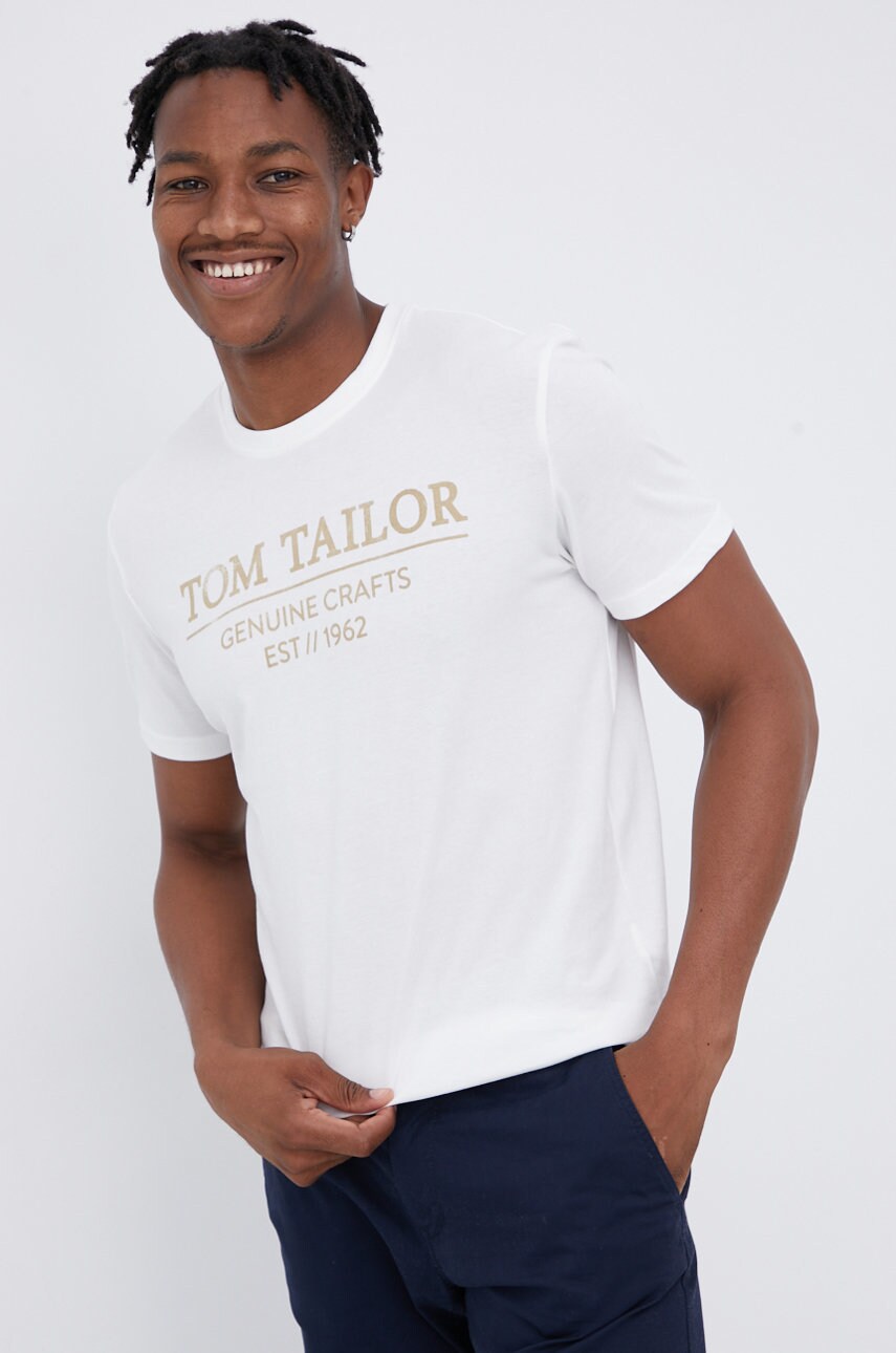 

Памучна тениска Tom Tailor в бяло с принт, Бял