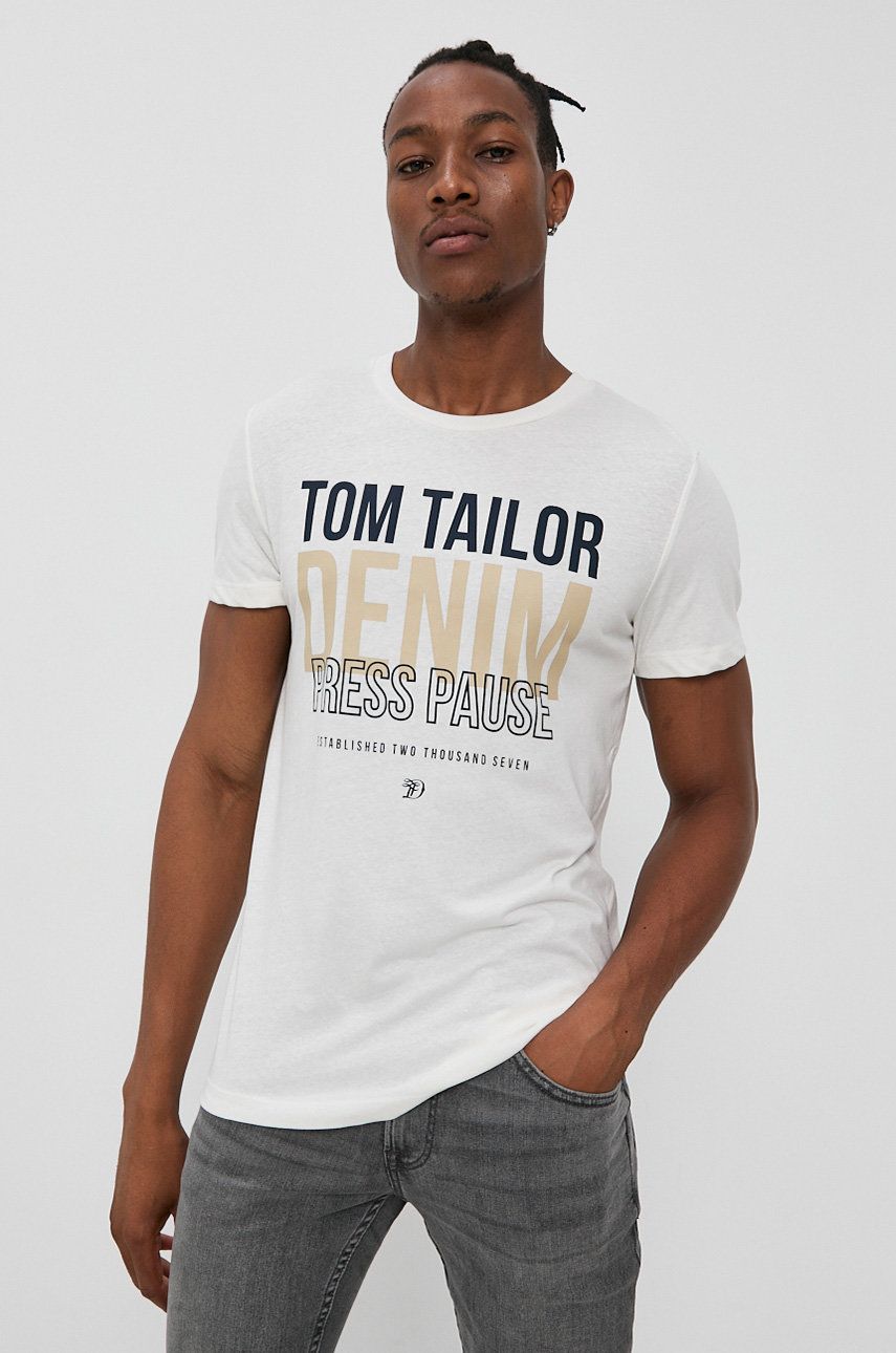 Tom Tailor Tricou bărbați, culoarea bej, cu imprimeu answear.ro