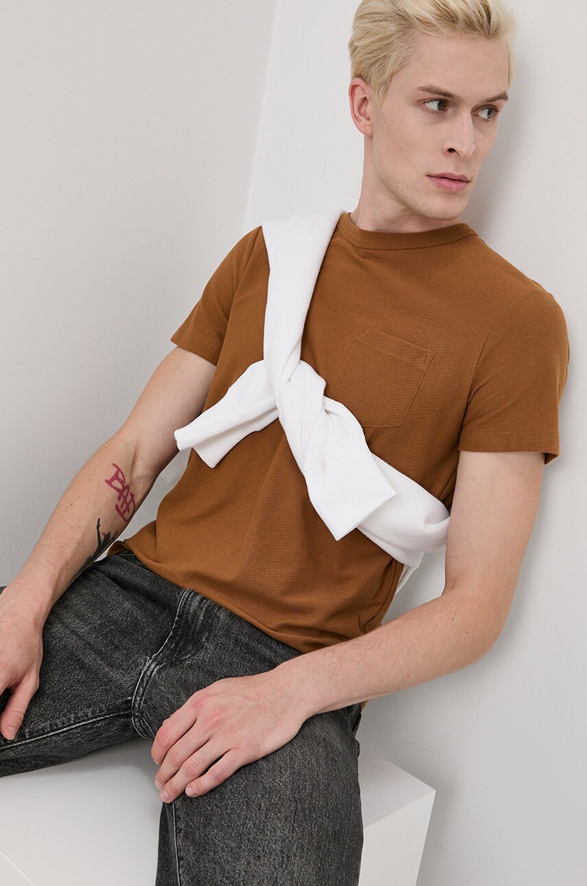 Tom tailor tricou din bumbac culoarea maro, material neted