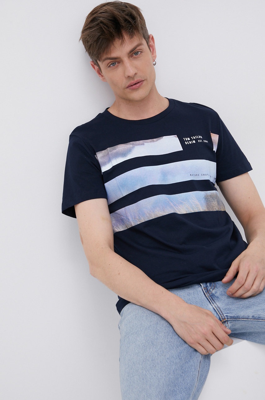 

Памучна тениска Tom Tailor в тъмносиньо с принт, Тъмносин