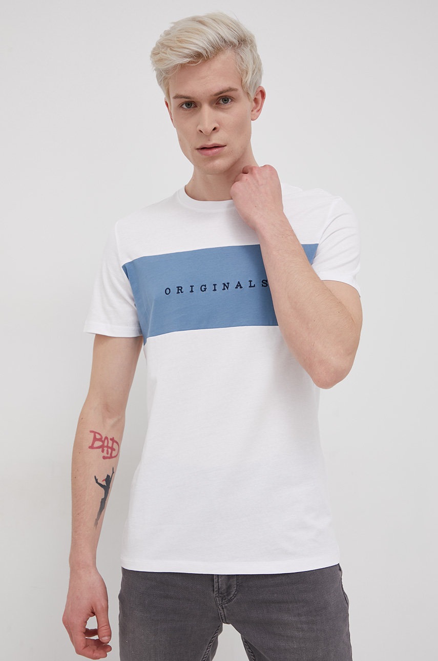 

Памучна тениска Jack & Jones в бяло с десен, Бял