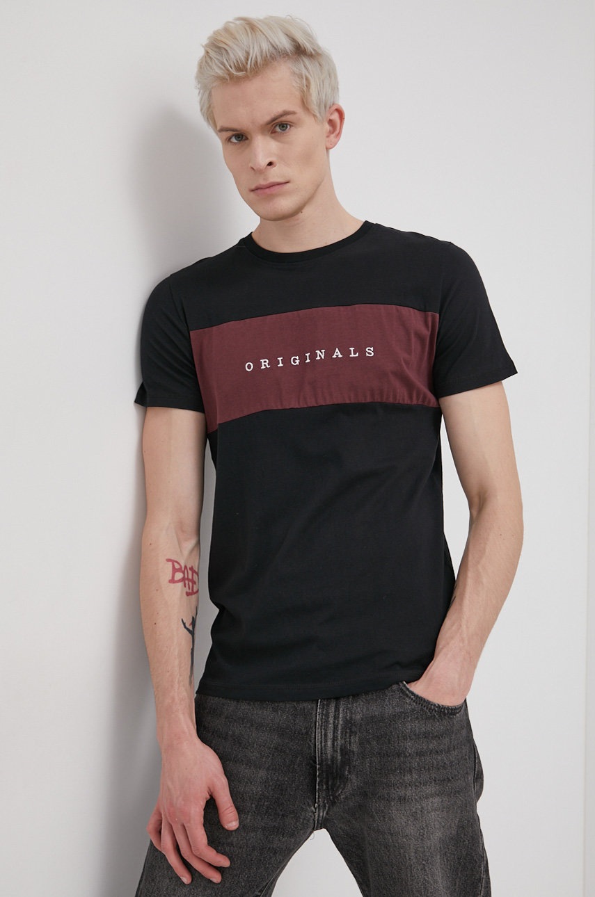 

Памучна тениска Jack & Jones в черно с десен, Черен