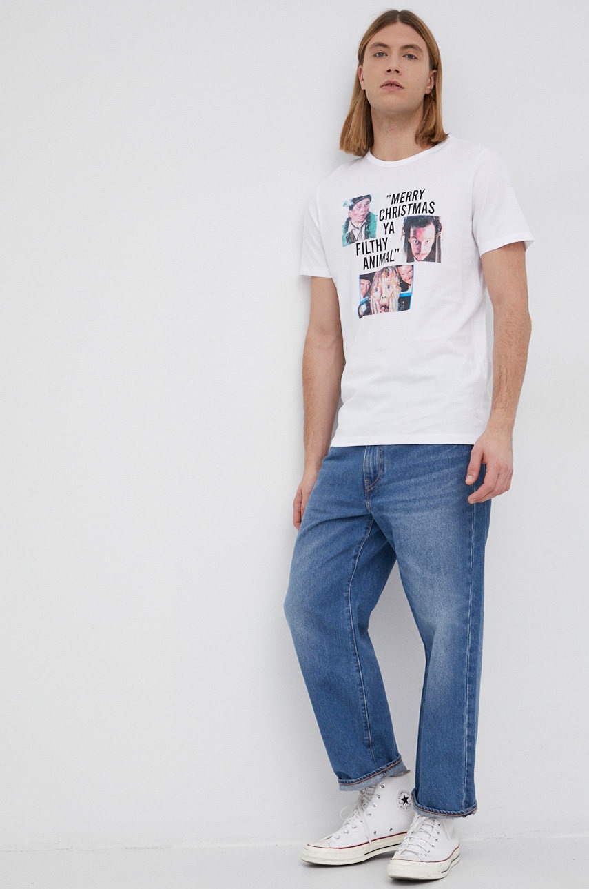 

Памучна тениска Jack & Jones в бяло с принт, Бял
