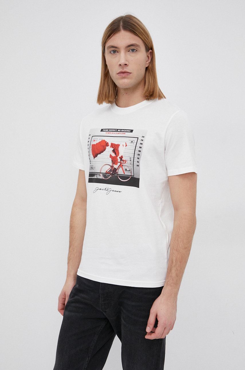 

Хлопковая футболка Jack & Jones цвет белый с принтом