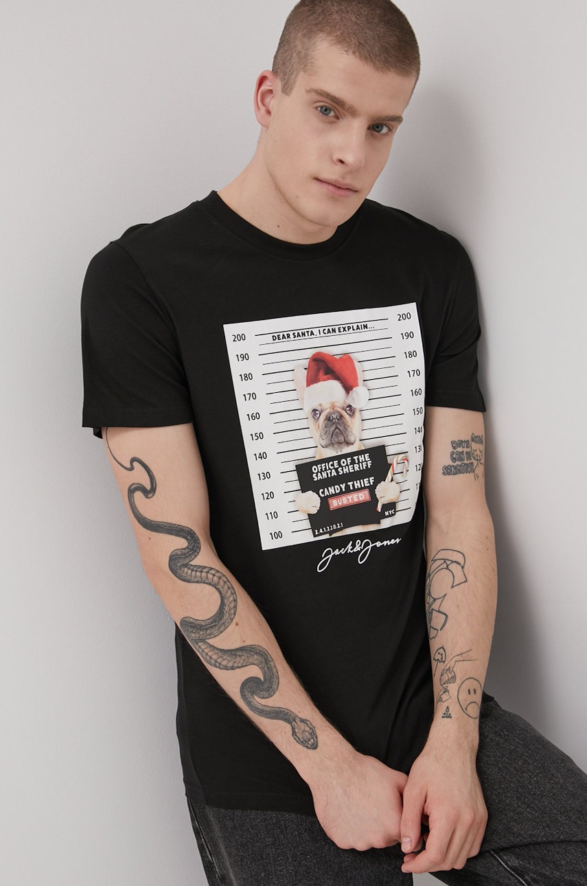 

Бавовняна футболка Jack & Jones колір чорний з принтом