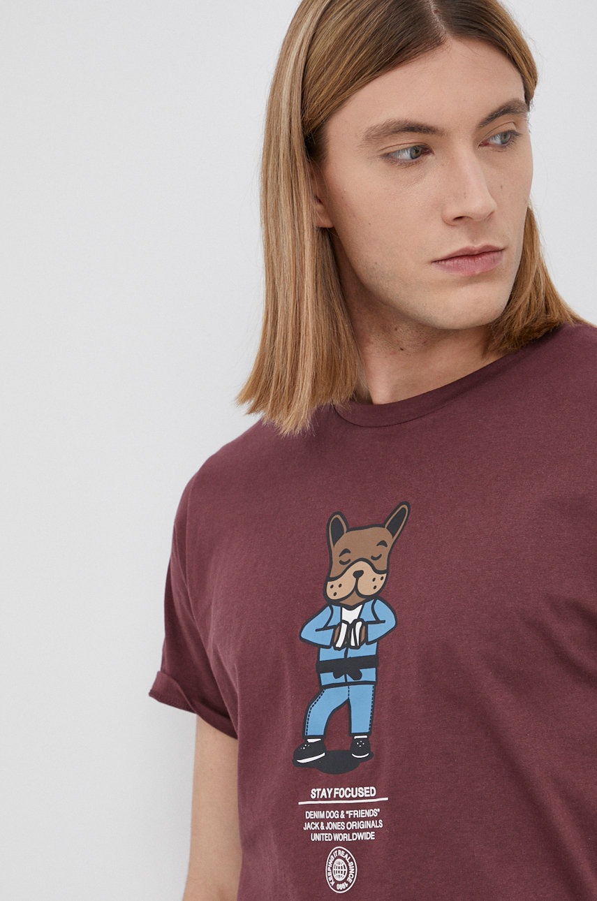 

Памучна тениска Jack & Jones в бордо с принт