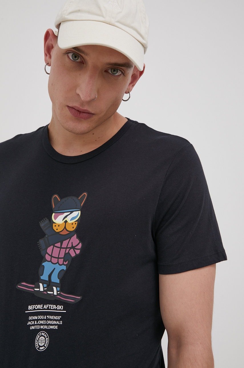 

Памучна тениска Jack & Jones в черно с принт, Черен