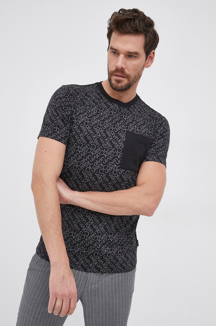 

Памучна тениска Calvin Klein в черно с десен, Черен