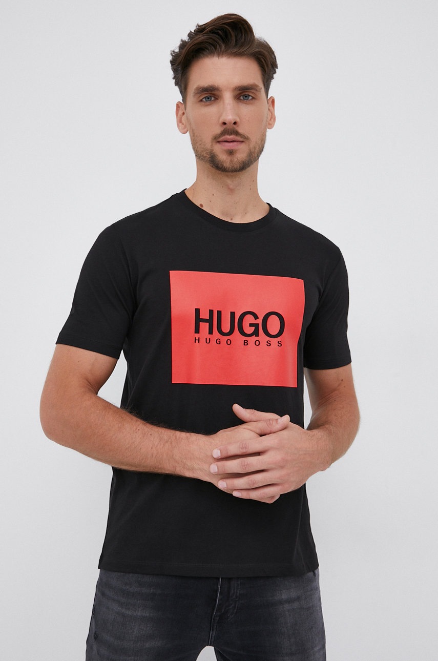 

Памучна тениска Hugo в черно с принт, Черен