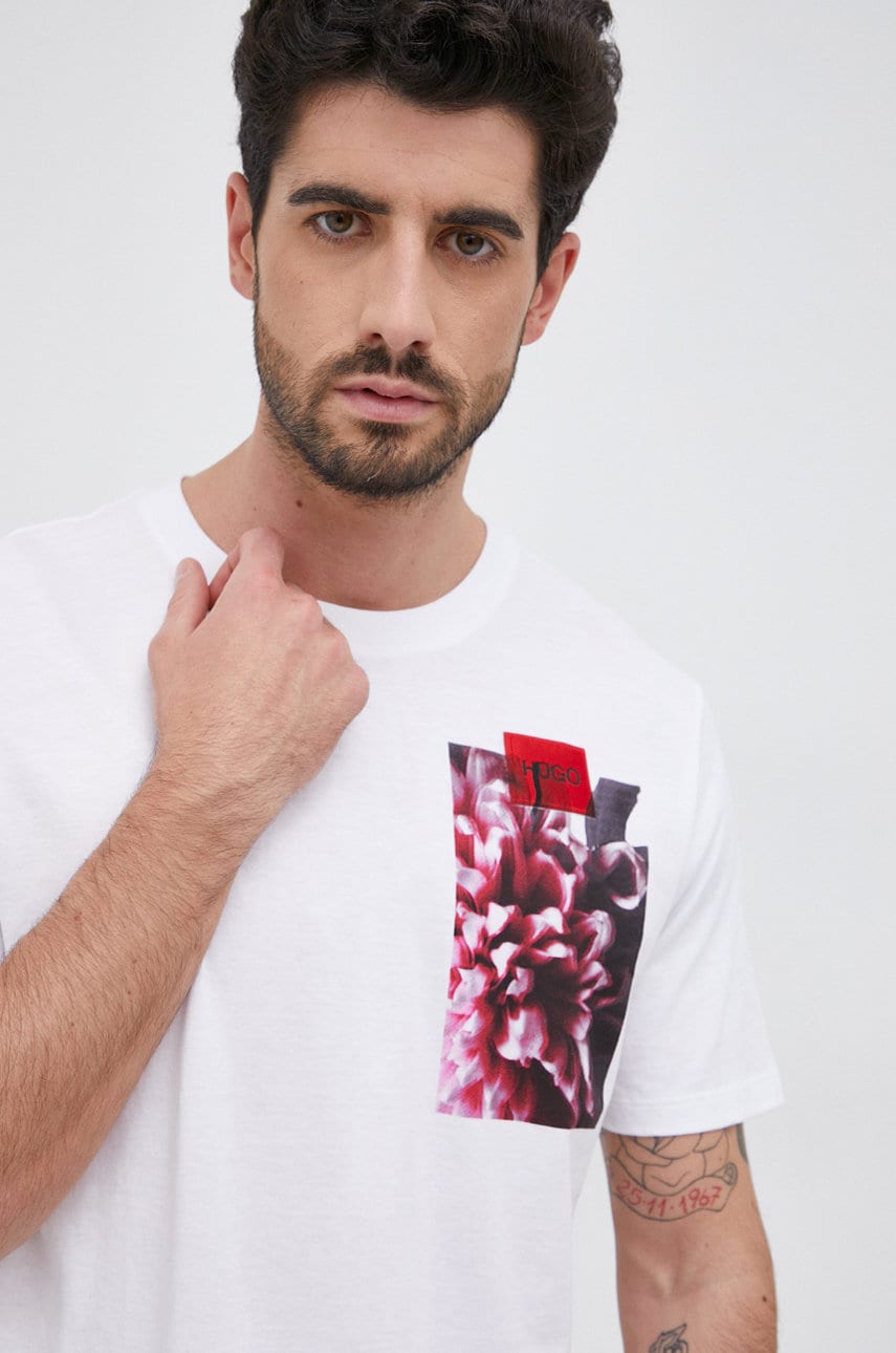 Hugo tricou din bumbac culoarea alb, material neted