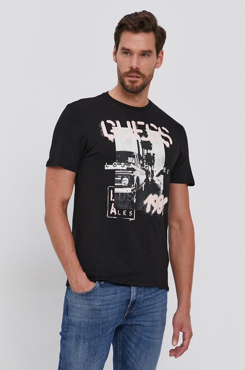 

Памучна тениска Guess в черно с изчистен дизайн, Черен