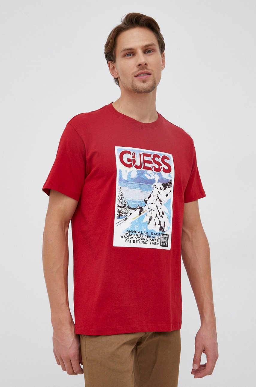 

Памучна тениска Guess в червено с принт, Червен