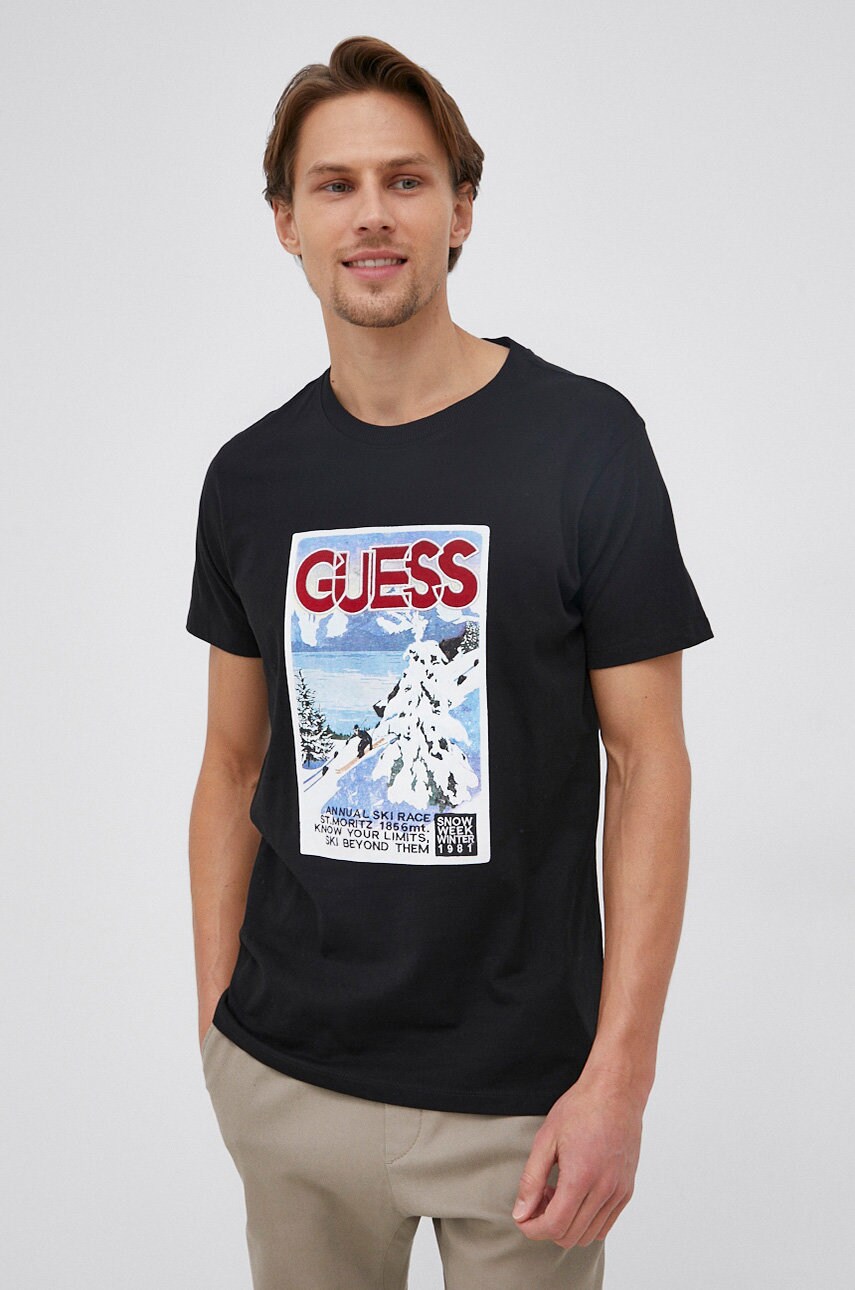 

Памучна тениска Guess в черно с принт, Черен