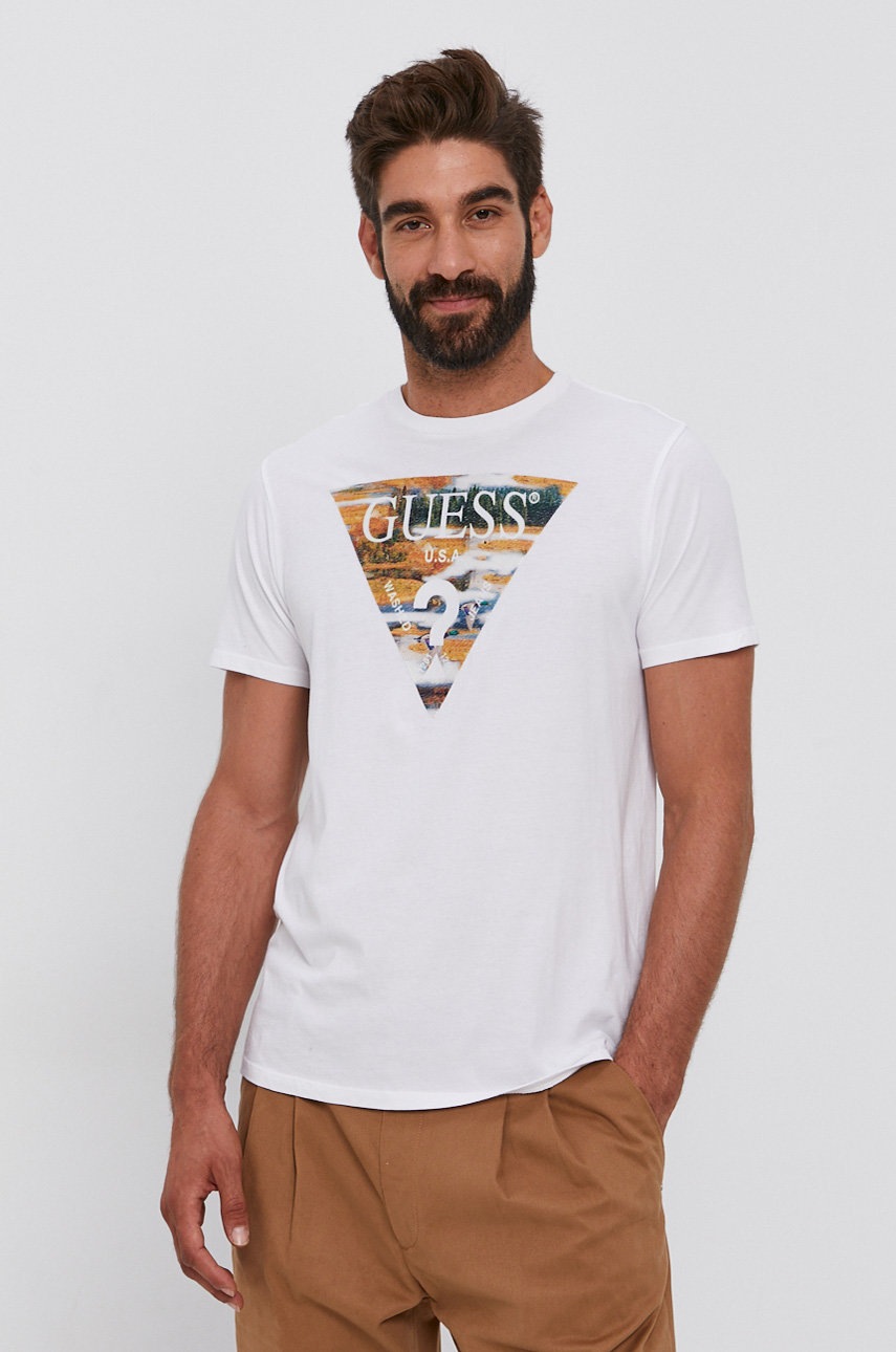 

Памучна тениска Guess в бяло с апликация, Бял